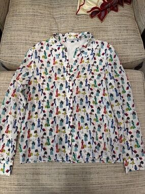 Alice & Olivia White Poplin Blouse with Multi-Color Jetsetter Print Sz Small